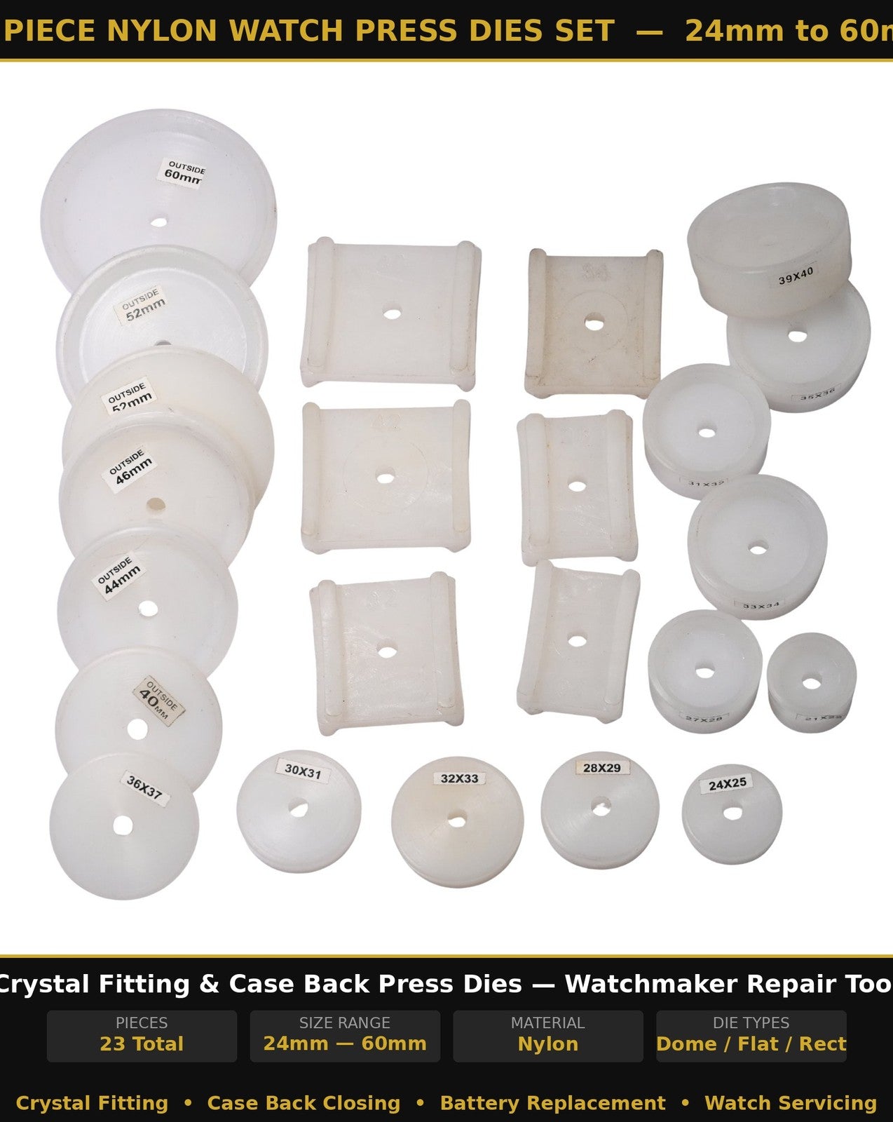 24pc Nylon Watch Press Dies Set Crystal Case Back Fitting Watchmaker Repair 24-6
