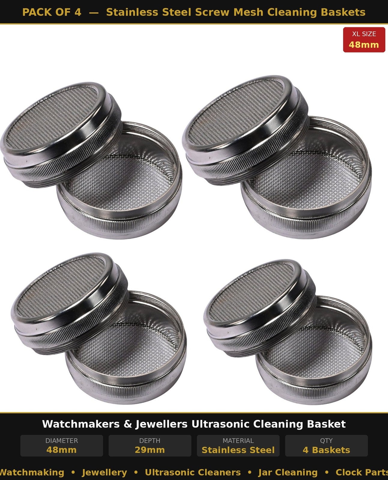 Ultrasonic Cleaning Mesh Basket Set 4pc 48mm Steel Watch Jewellery Workshop Part
