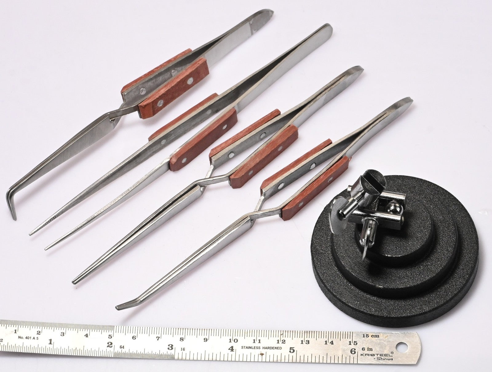 4pc Soldering Tweezers Set Cross Lock Fibre Grip + Third Hand Stand Jewellery UK