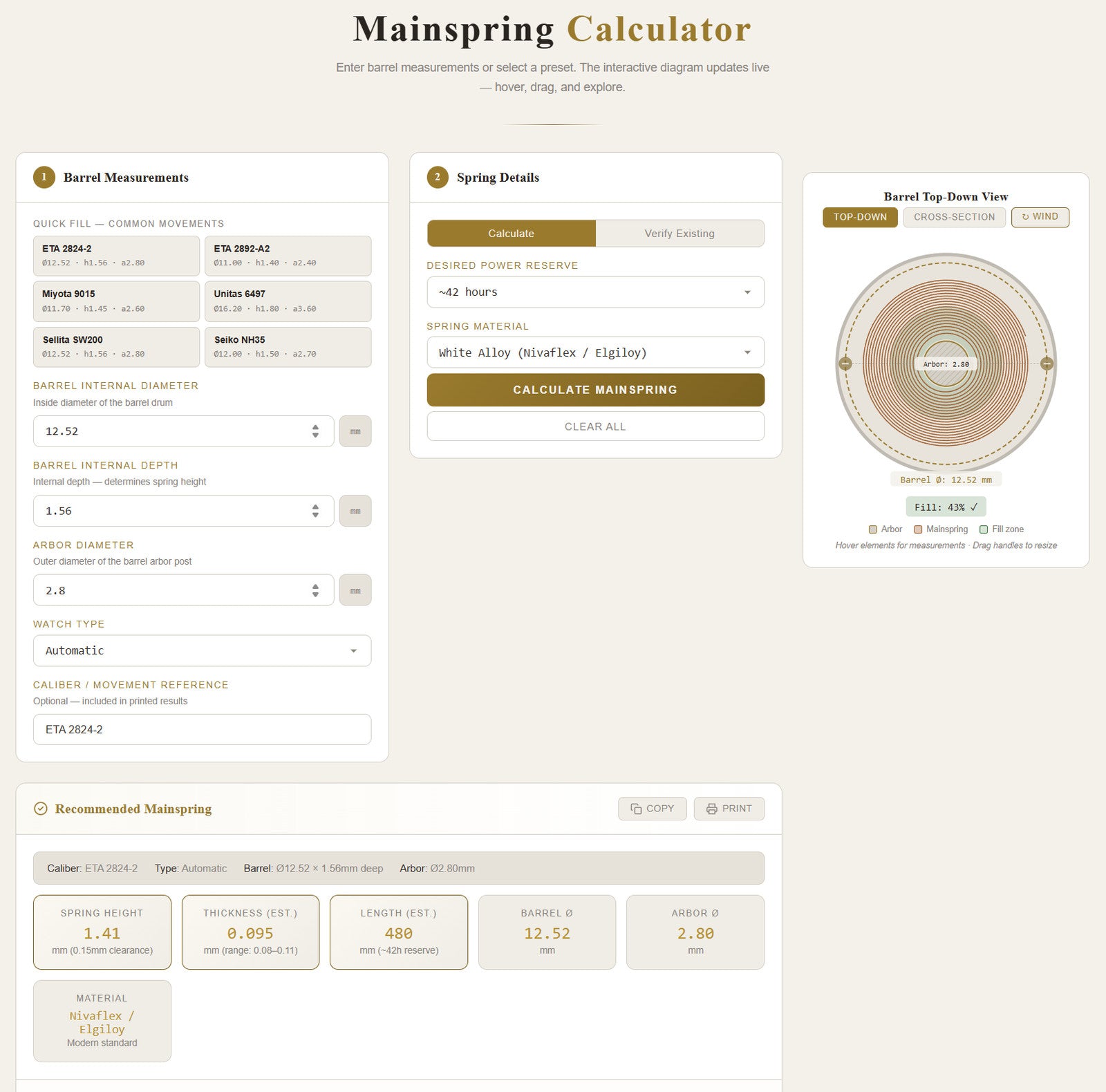 Watch Mainspring Size Calculator Tool USB — Watchmaker Repair Software ETA Seiko