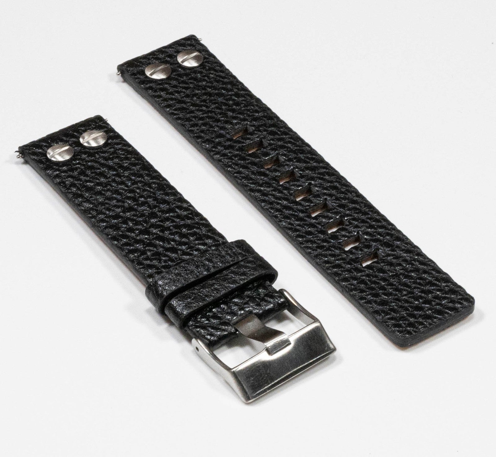 Superior Black Calf Leather Buffalo Grain Rivit Strap Mens Band Large
