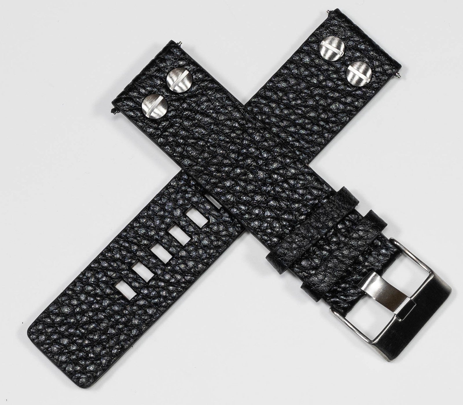 Superior Black Calf Leather Buffalo Grain Rivit Strap Mens Band Large