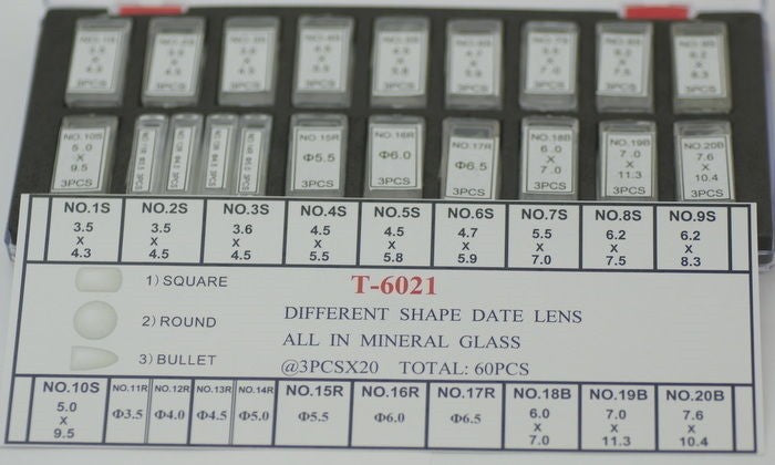 60 pieces set of watch date lens bubbles mineral glass round square bullet shape