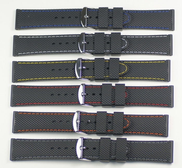 Black Silicon racing watch strap coloured stitching waterproof divers rubber