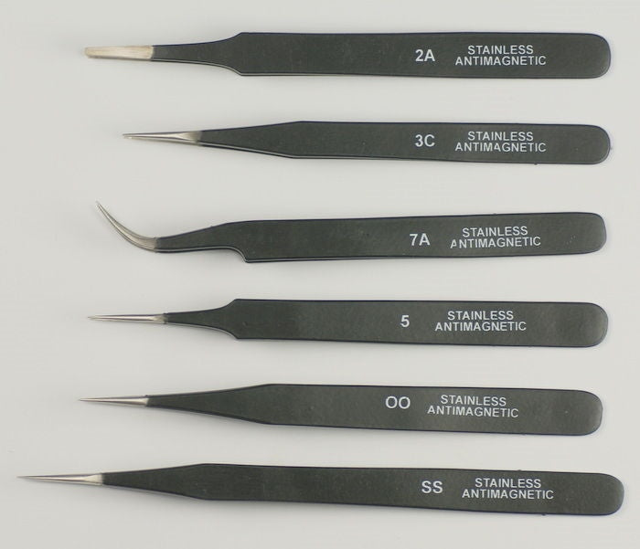 Quality set 6 tweezers black epoxy coated watchmakers jewellers 00 3C 2A 5 7 SS