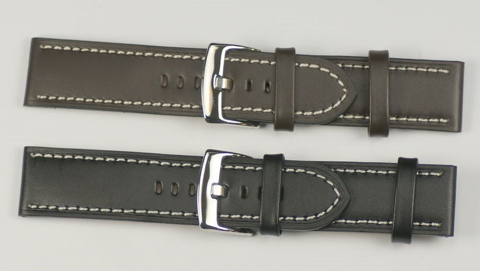 Mens watch strap SMOOTH GRAIN white stitching black brown leather 18mm - 24mm