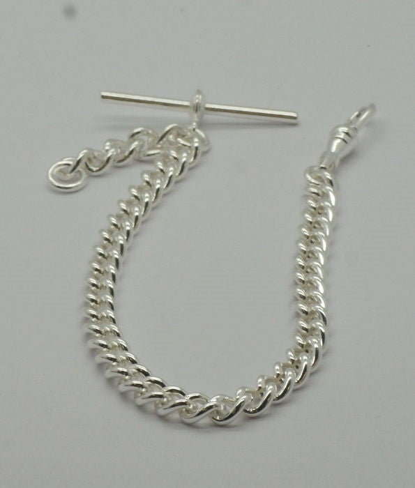 Heavy silver plated single albert chain pocketwatch chain fob watch Tbar