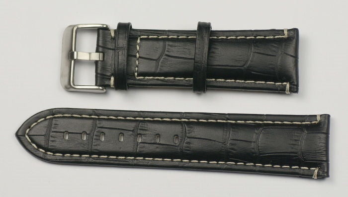Mens watch strap CROC GRAIN white stitching black crocodile leather 18mm - 24mm