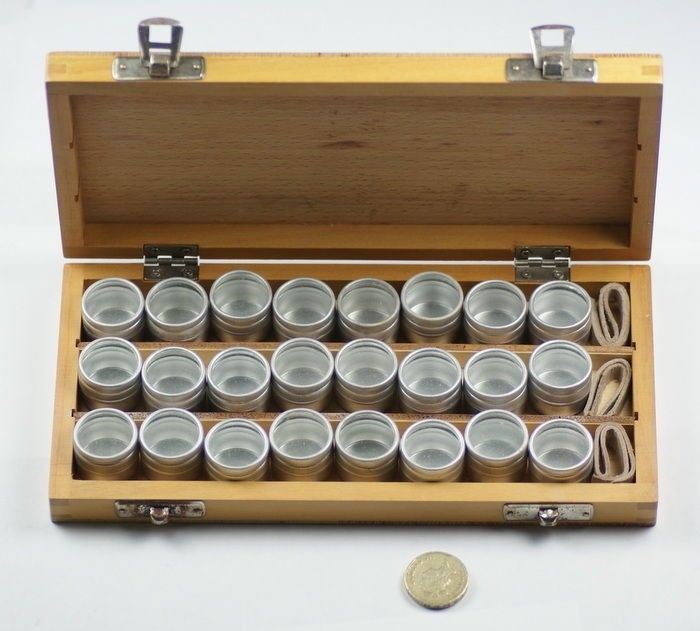 Parts containers 24 aluminium tubs in wooden box watchmakers jewellers storage