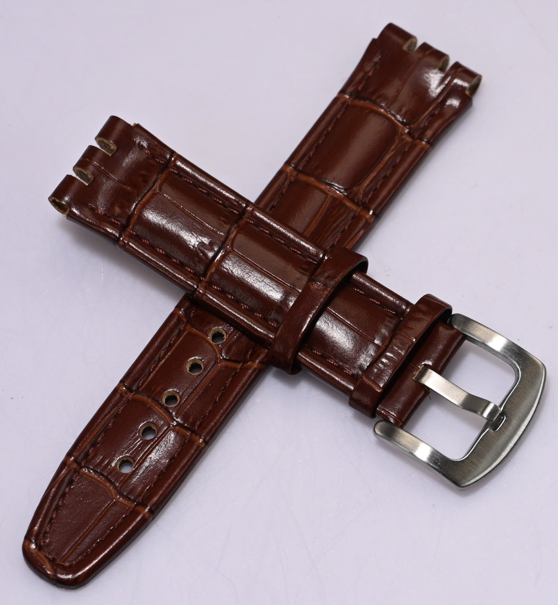 Brown Leather Watch Strap for Swatch 17mm / 19mm – Crocodile Grain Replacement