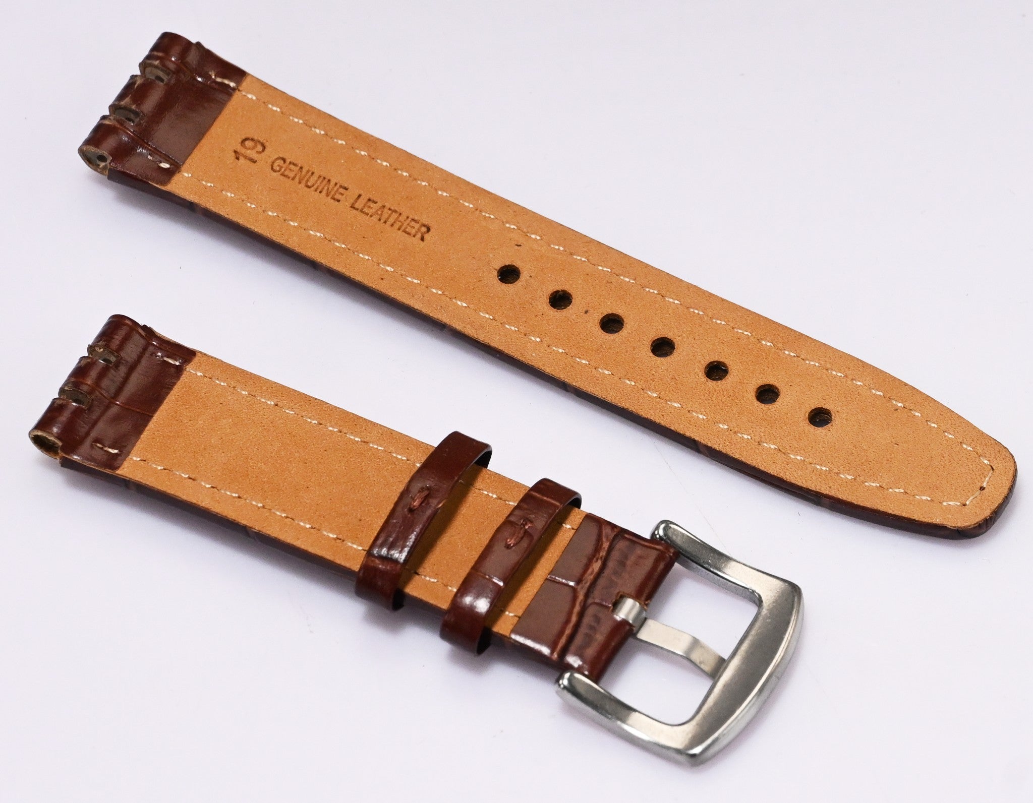 Brown Leather Watch Strap for Swatch 17mm / 19mm – Crocodile Grain Replacement