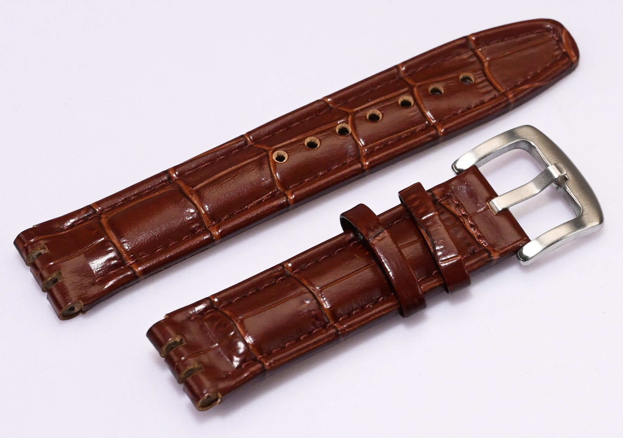 Brown Leather Watch Strap for Swatch 17mm / 19mm – Crocodile Grain Replacement