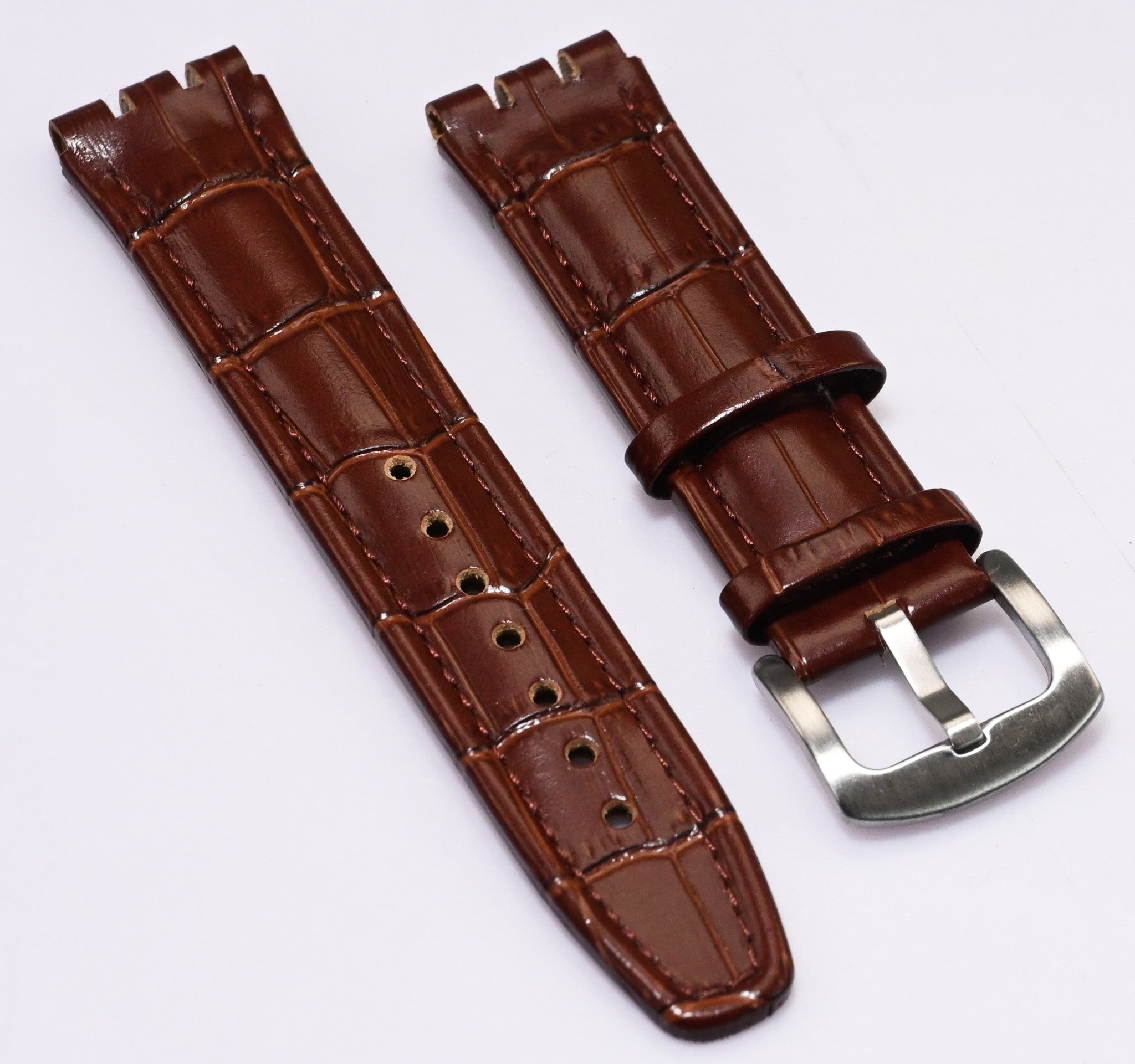 Brown Leather Watch Strap for Swatch 17mm / 19mm – Crocodile Grain Replacement