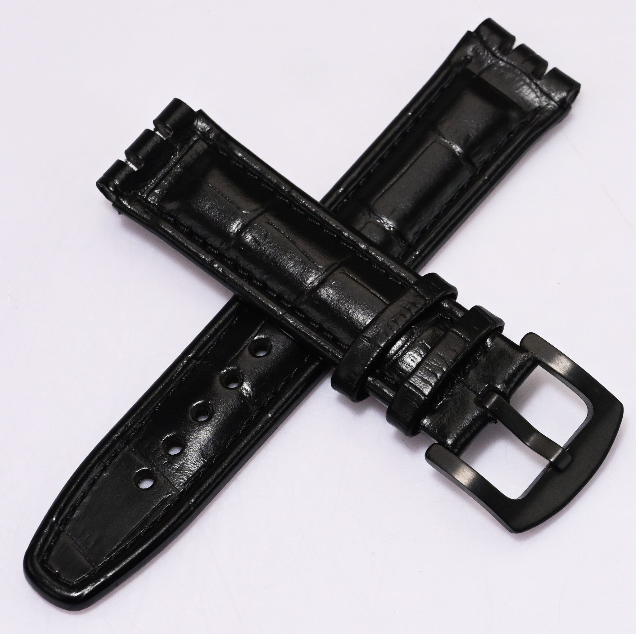 Black Leather Watch Strap for Swatch 17mm / 19mm – Crocodile Grain Replacement