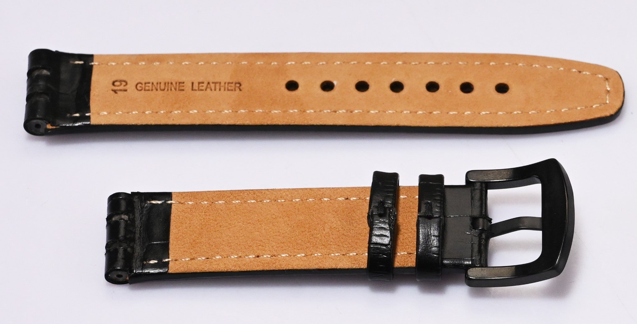 Black Leather Watch Strap for Swatch 17mm / 19mm – Crocodile Grain Replacement