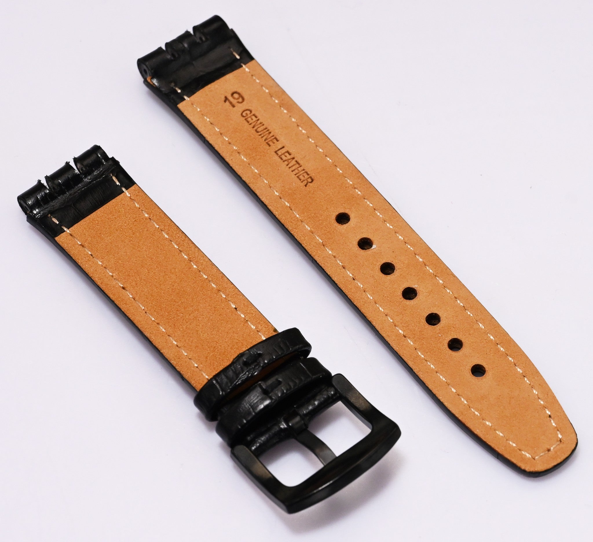 Black Leather Watch Strap for Swatch 17mm / 19mm – Crocodile Grain Replacement