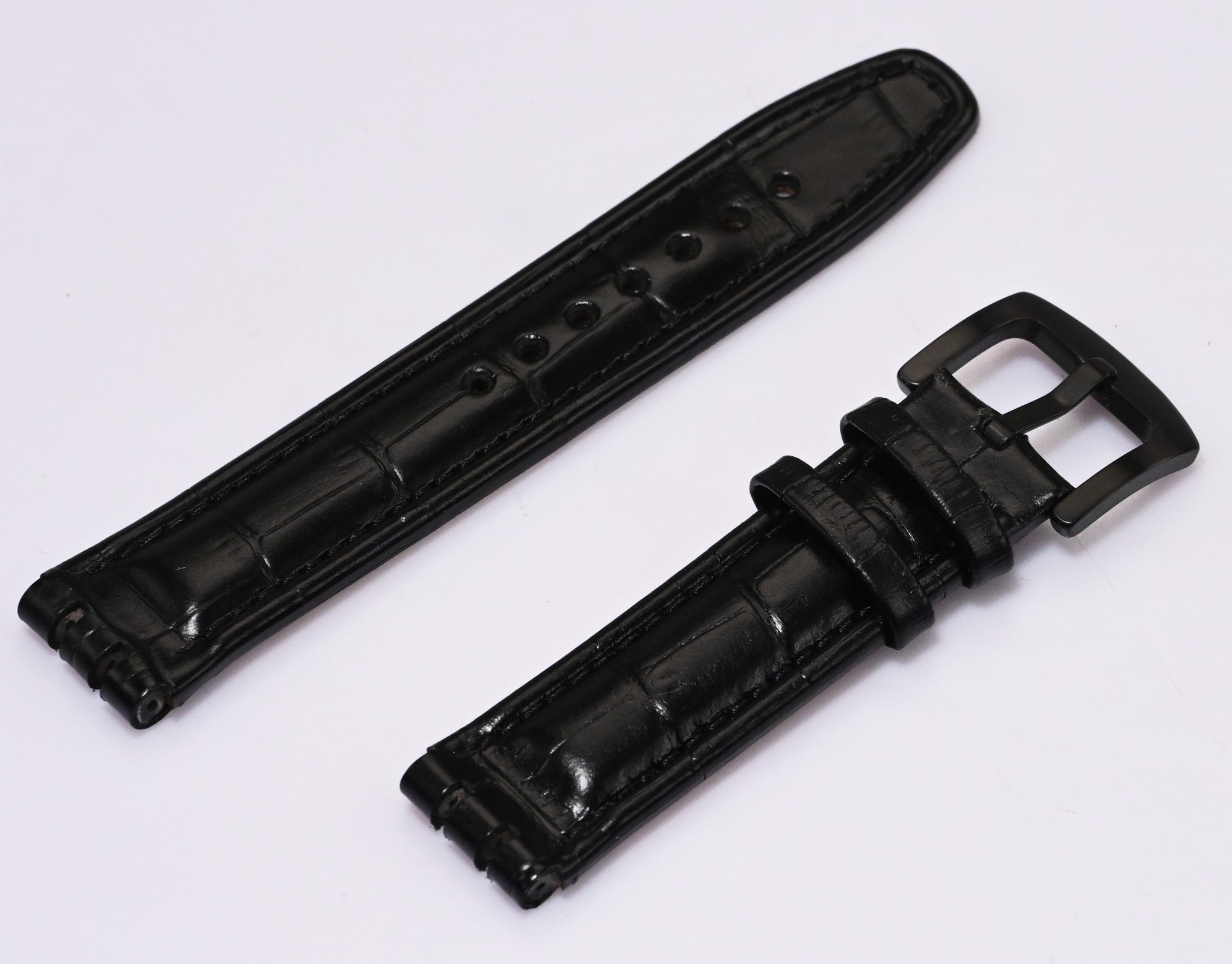 Black Leather Watch Strap for Swatch 17mm / 19mm – Crocodile Grain Replacement