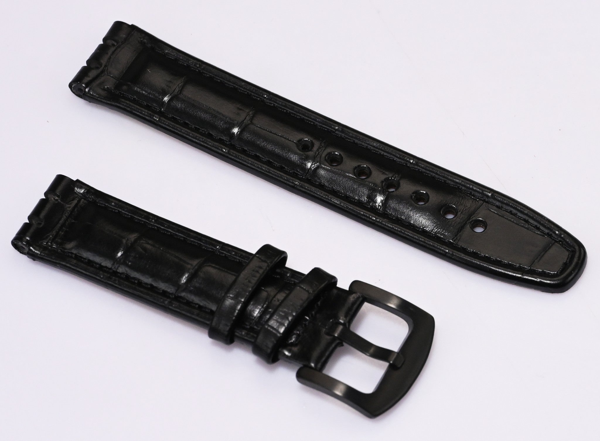 Black Leather Watch Strap for Swatch 17mm / 19mm – Crocodile Grain Replacement
