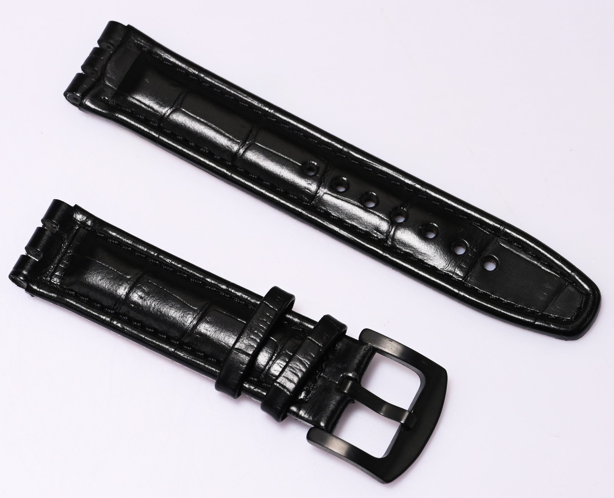 Black Leather Watch Strap for Swatch 17mm / 19mm – Crocodile Grain Replacement