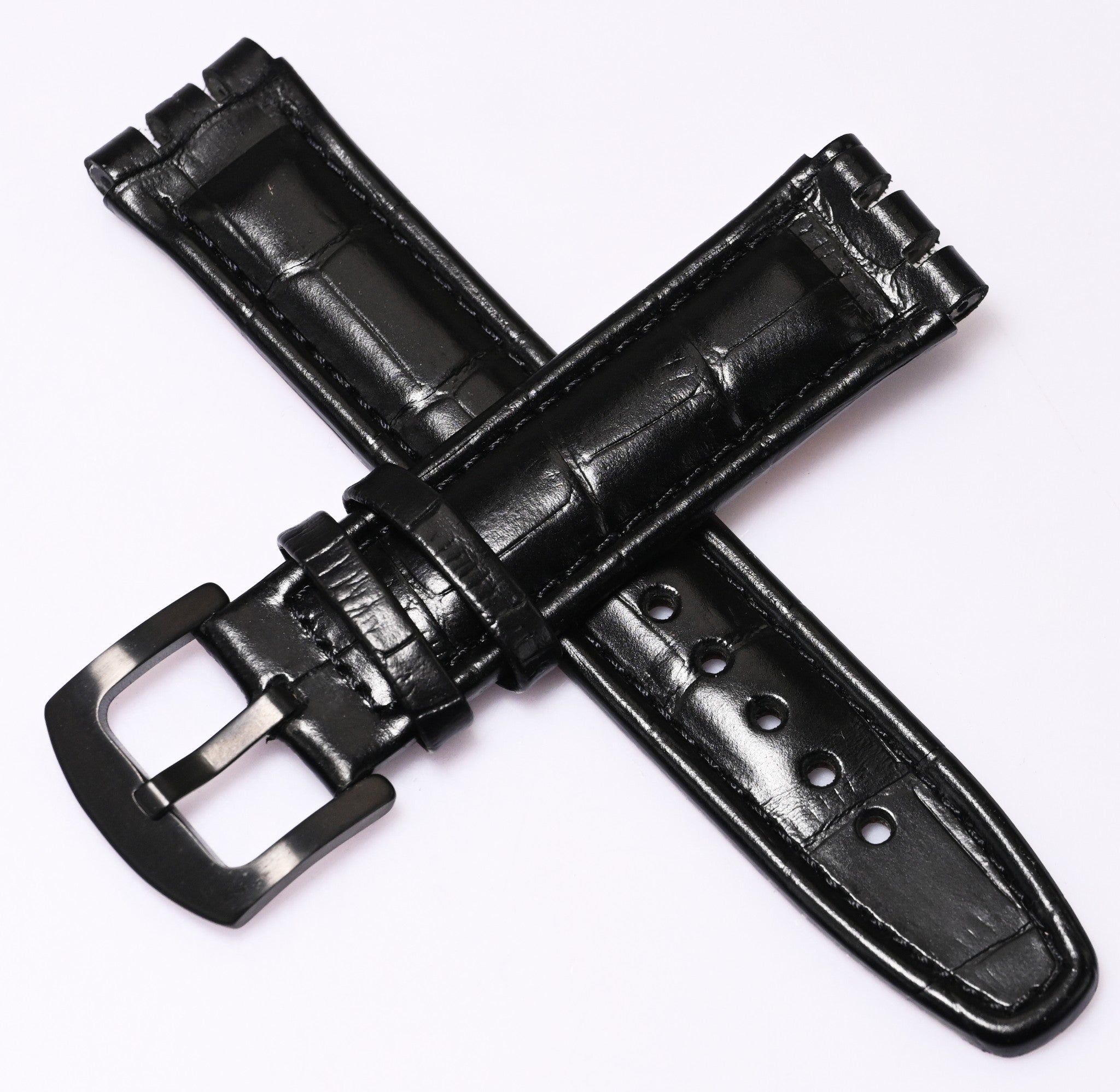 Black Leather Watch Strap for Swatch 17mm / 19mm – Crocodile Grain Replacement