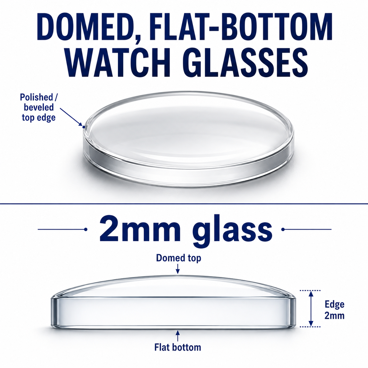 2mm  Flat Bottom Domed Mineral Watch Crystal 20-50mm Repair Glass Replacement
