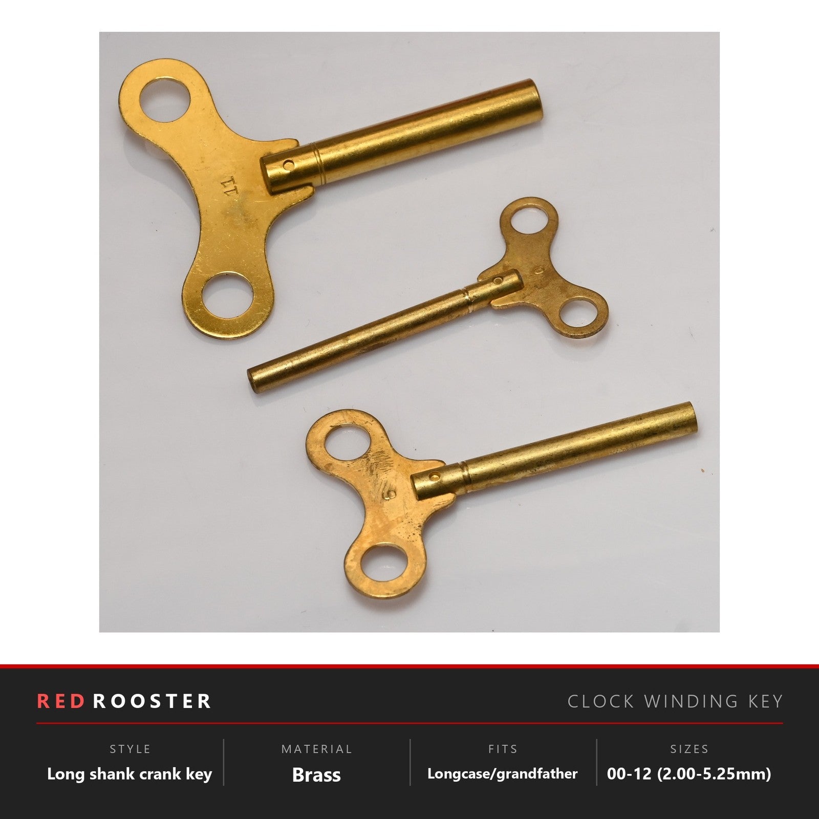 Long Shank Brass Clock Winding Crank Key - Longcase Grandfather - Size 00 to 12