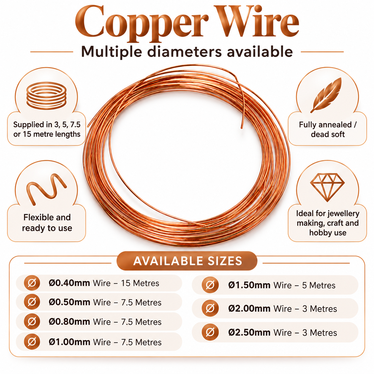 Bare Copper Wire Dead Soft Round 0.4-2.5mm 26-10 AWG Jewellery Craft Wrapping UK