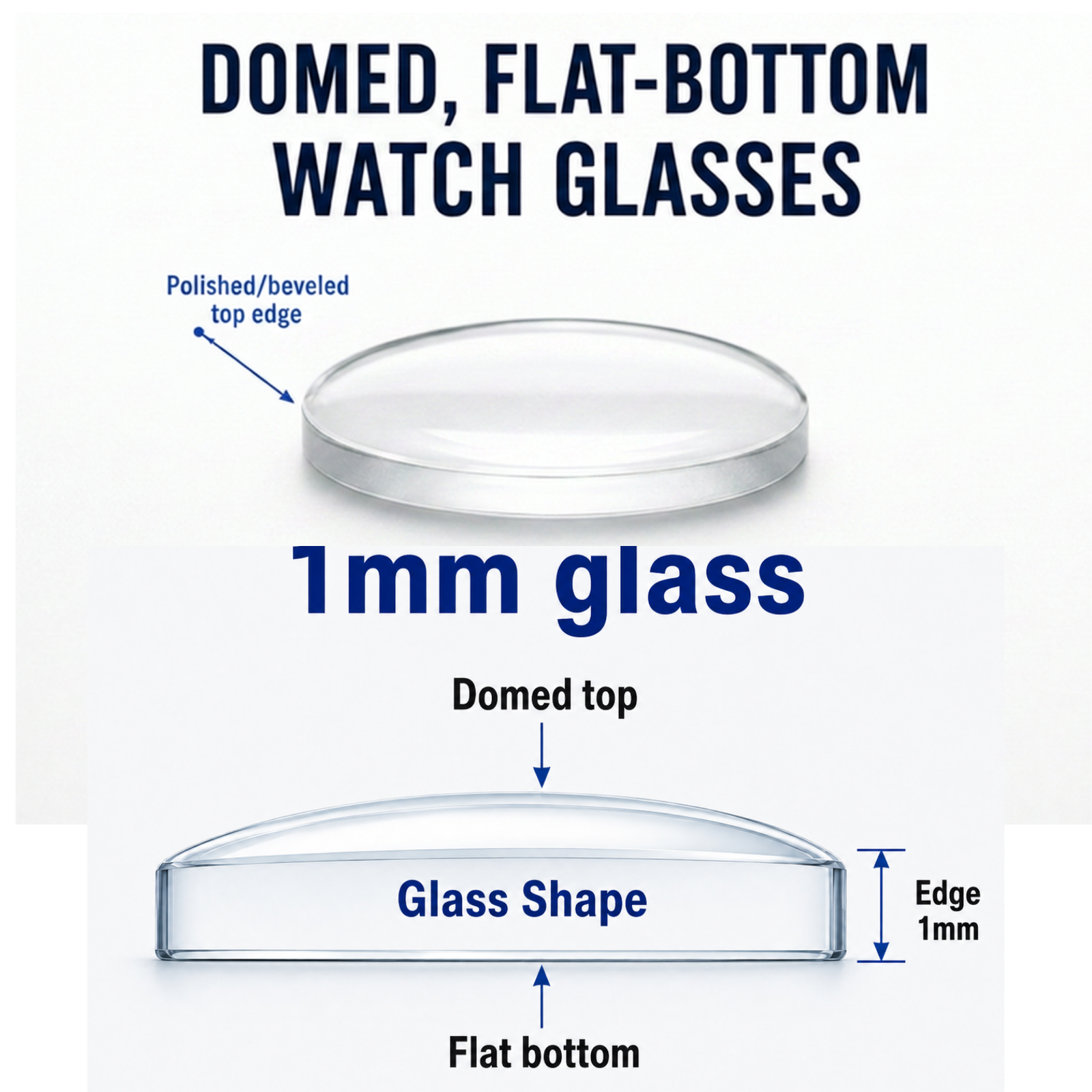 1mm Domed Mineral Watch Crystal Flat Bottom 15-50mm Repair Glass Replacement