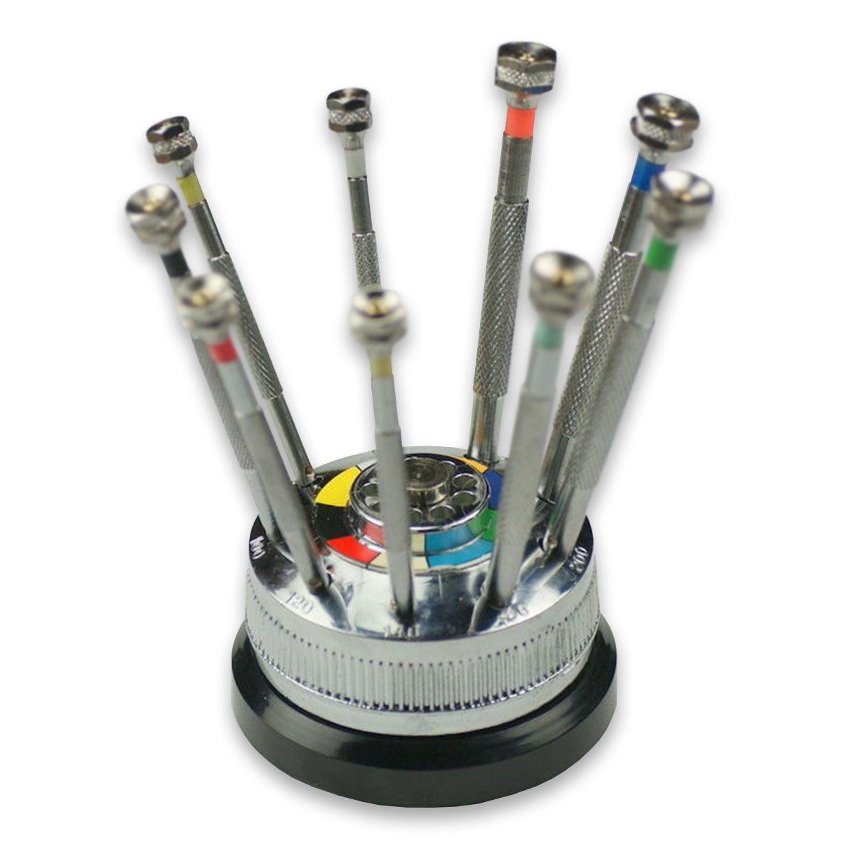 Watchmakers 9 screwdrivers set, french type with revolving base SPARE BLADES new