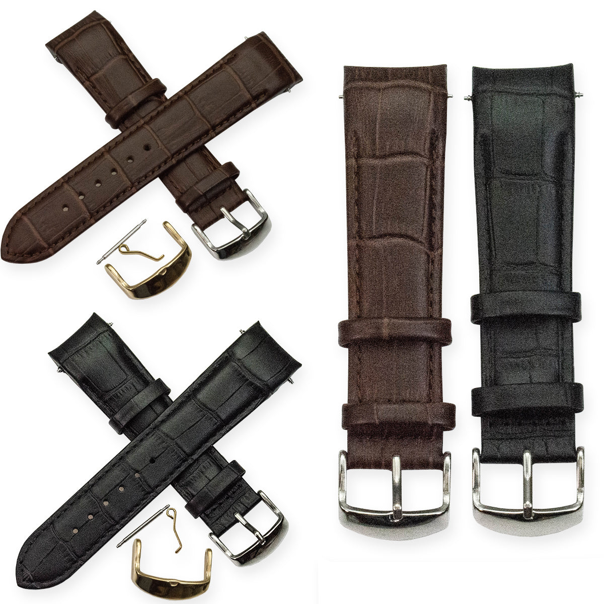 CURVED ENDS leather watch strap crocodile grain silver & gold buckle curve end