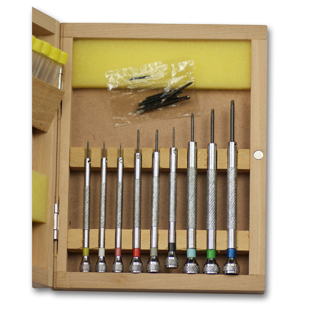 Watchmakers screwdrivers set PRO in wood case repairs tool spare blades watch