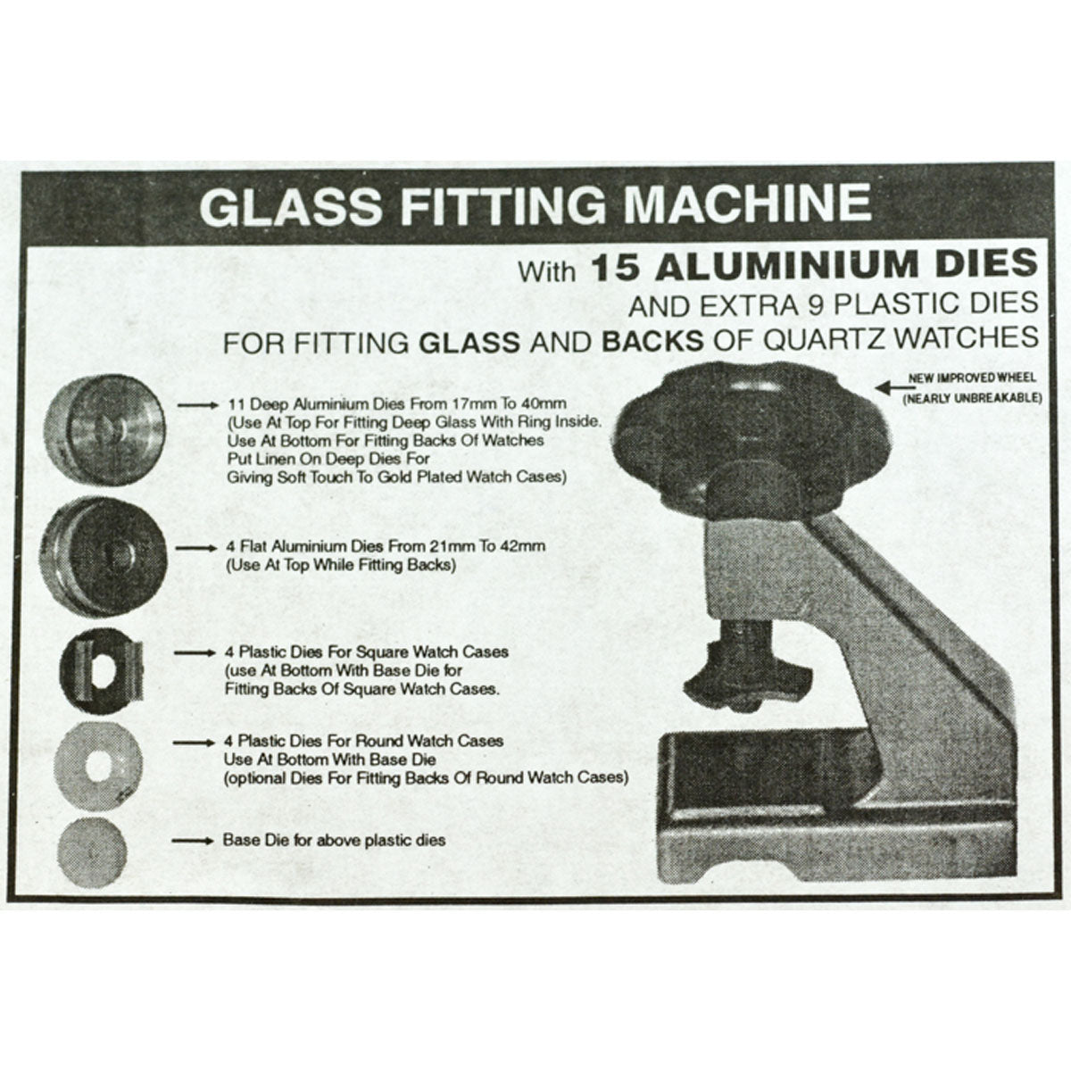 SUBSTANTIAL watch glass crystal fitting machine & case back press +24 dies set