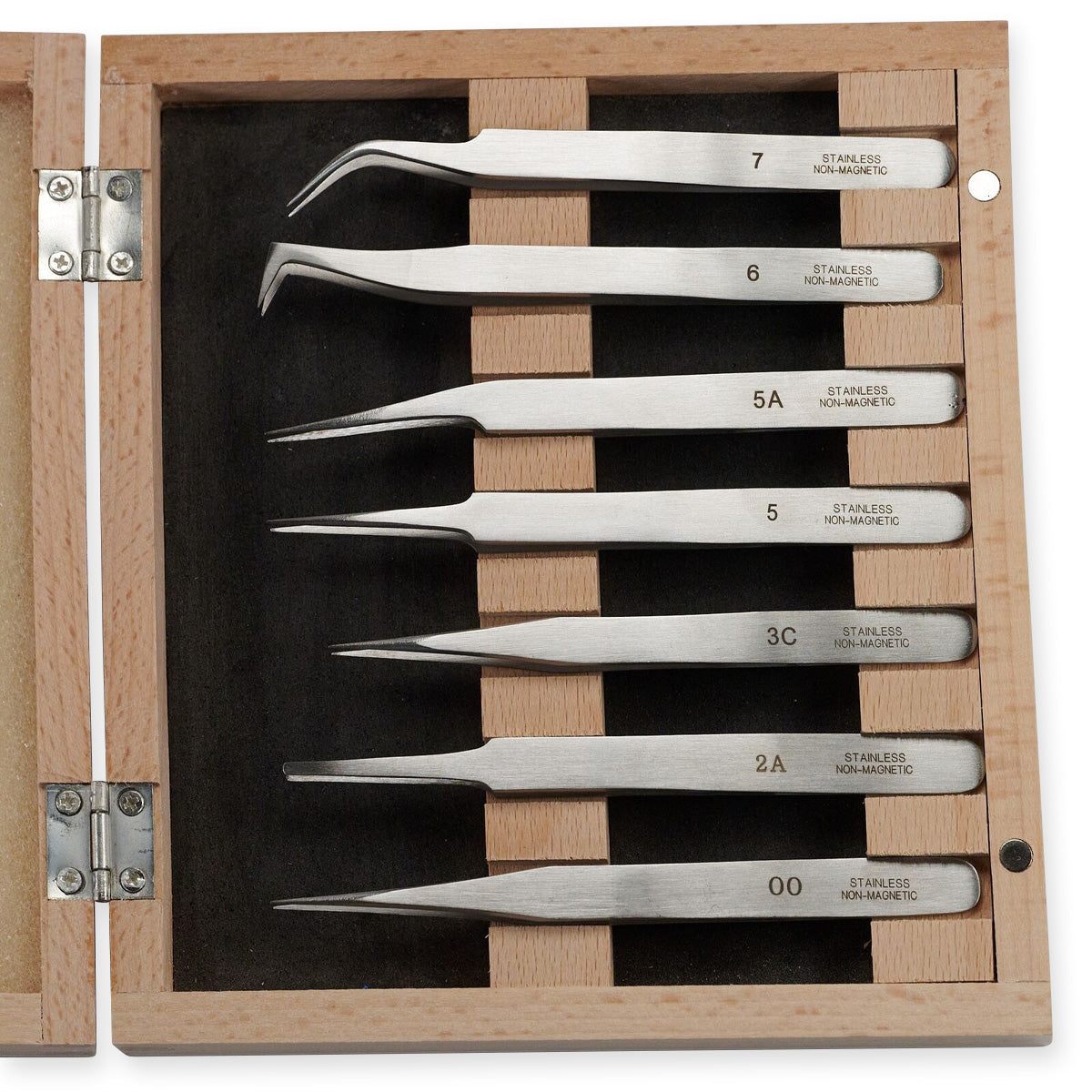 Quality Set 7 Tweezers Wood Box Watchmakers Jewellery Watch Tools Non Magnetic