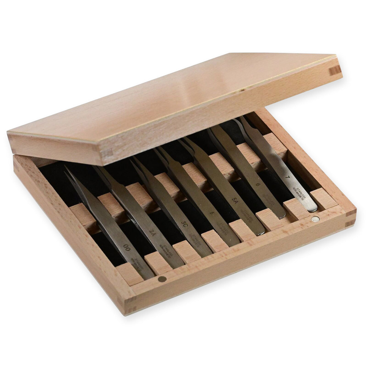 Quality Set 7 Tweezers Wood Box Watchmakers Jewellery Watch Tools Non Magnetic