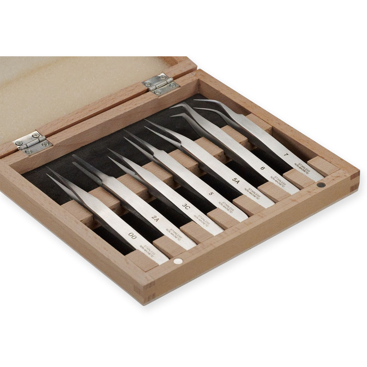 Quality Set 7 Tweezers Wood Box Watchmakers Jewellery Watch Tools Non Magnetic