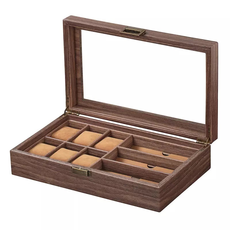 Watch & Sunglasses Display Case 9 Grids Brown Wood Storage Holder Box glasses