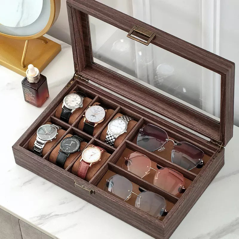 Watch & Sunglasses Display Case 9 Grids Brown Wood Storage Holder Box glasses