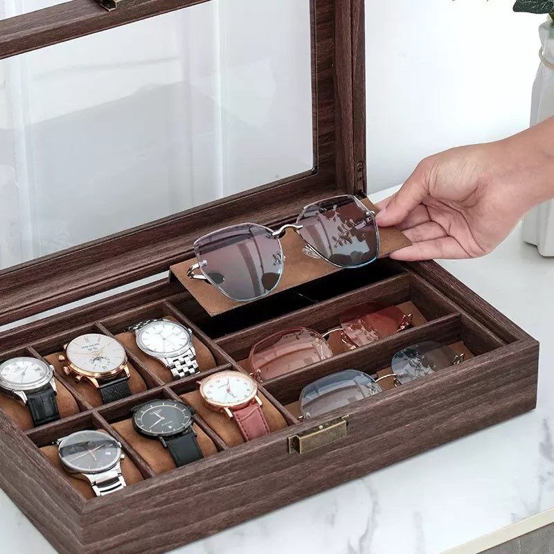 Watch & Sunglasses Display Case 9 Grids Brown Wood Storage Holder Box glasses