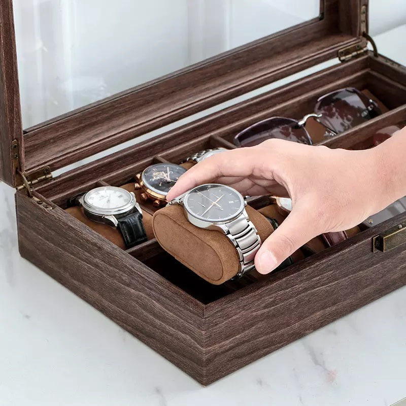 Watch & Sunglasses Display Case 9 Grids Brown Wood Storage Holder Box glasses
