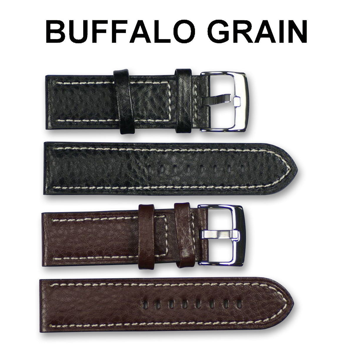 Mens watch strap BUFFALO GRAIN white stitching black brown leather 18mm - 24mm