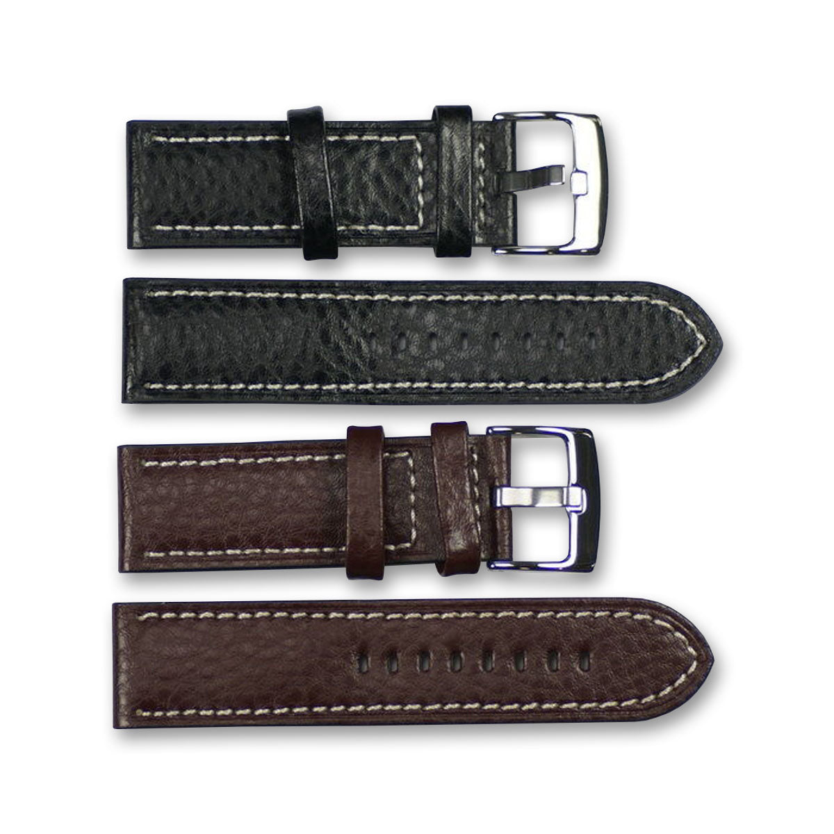 Mens watch strap BUFFALO GRAIN white stitching black brown leather 18mm - 24mm