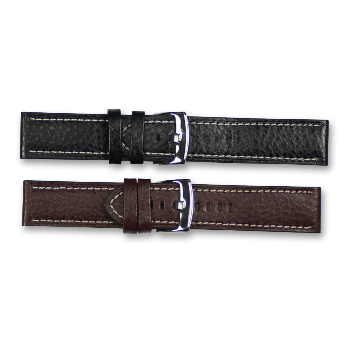 Mens watch strap BUFFALO GRAIN white stitching black brown leather 18mm - 24mm