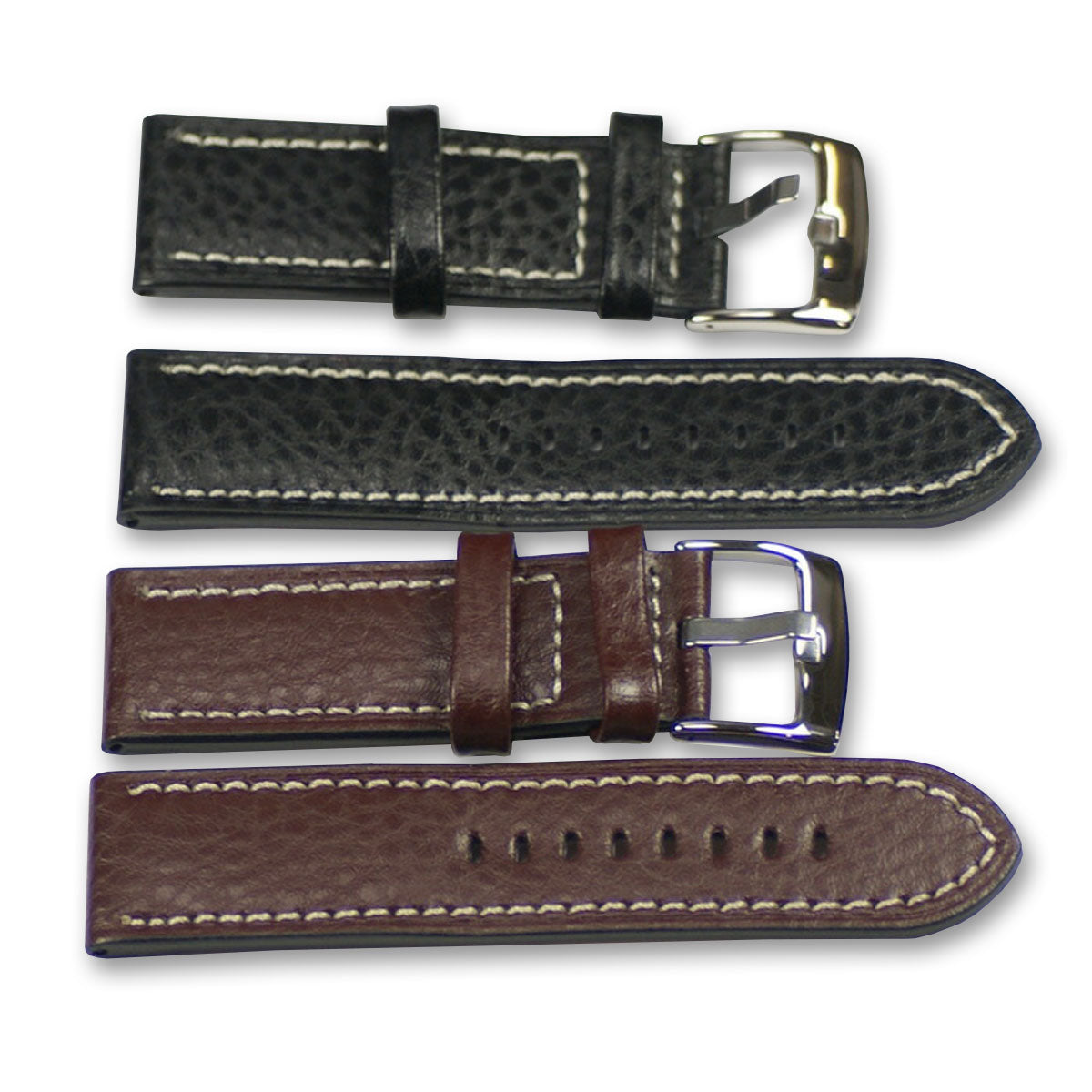 Mens watch strap BUFFALO GRAIN white stitching black brown leather 18mm - 24mm