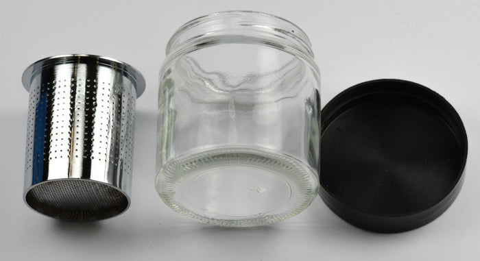 GLASS JAR WITH STEEL SIEVE FOR CLEANING WATCH PARTS OR GEMS WATCHMAKERS REPAIRS