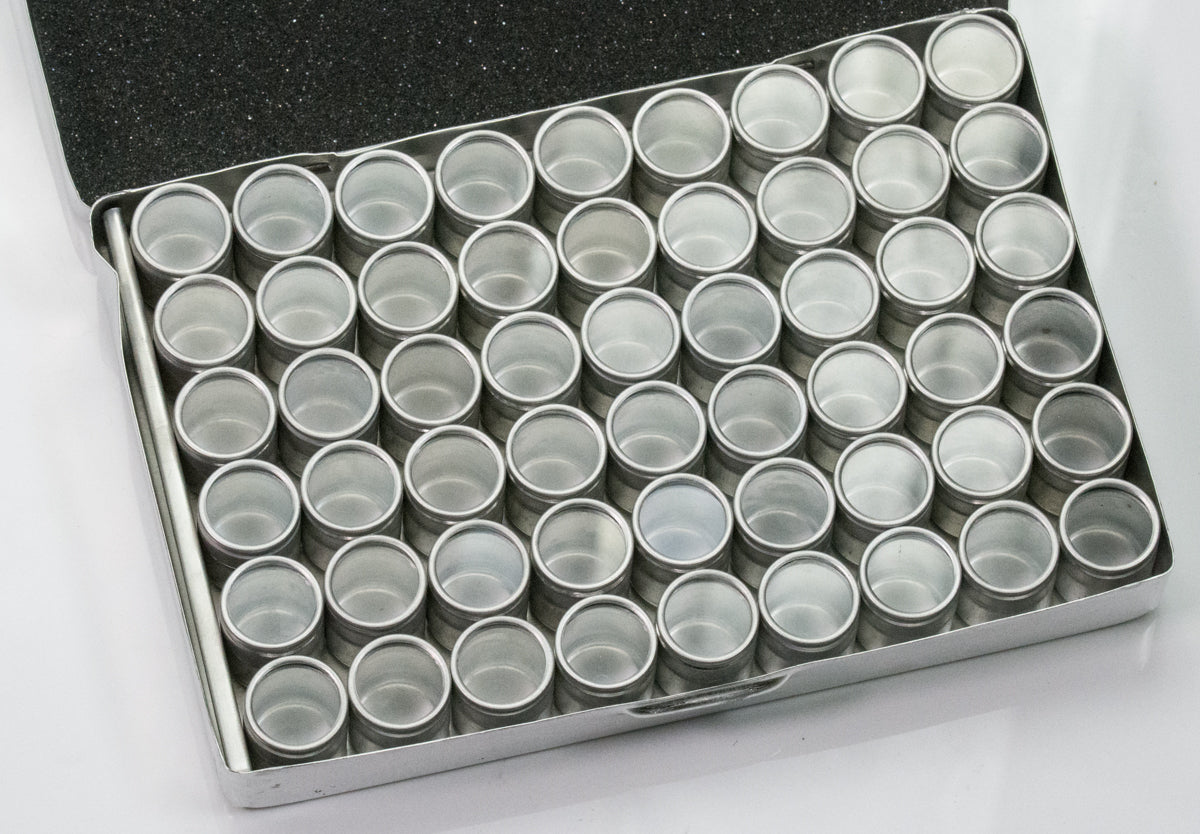 54x Small Watch & Jewellery Parts Spares Containers ALUMINIUM In Storage Box