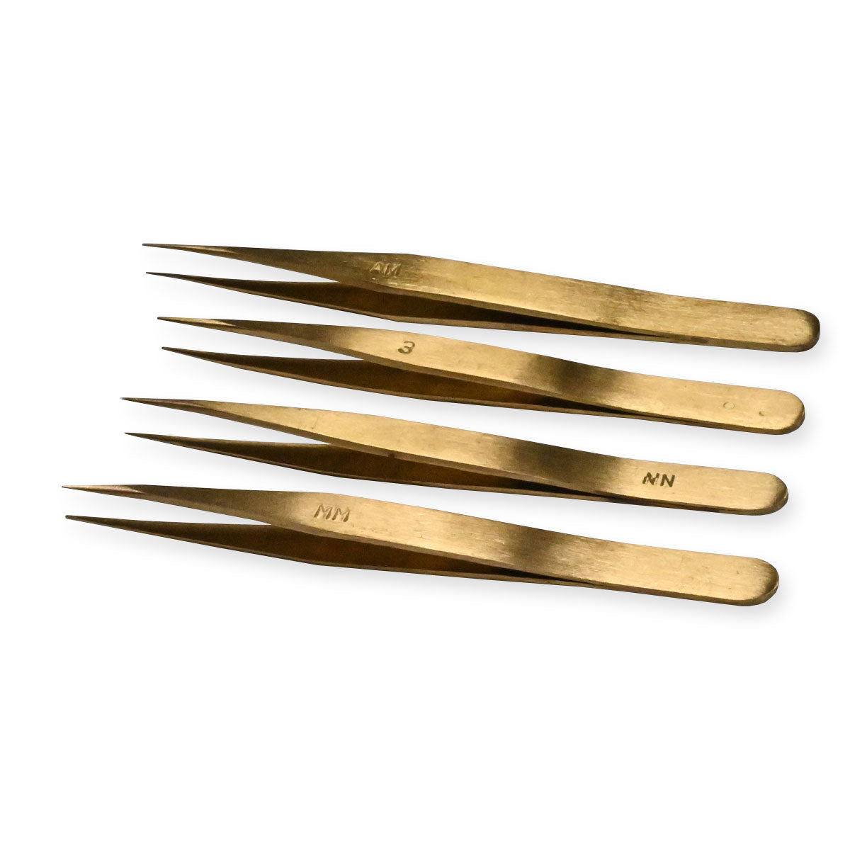 Brass tweezers x4 set for watchmakers, jewellery pickle pickling & electronics