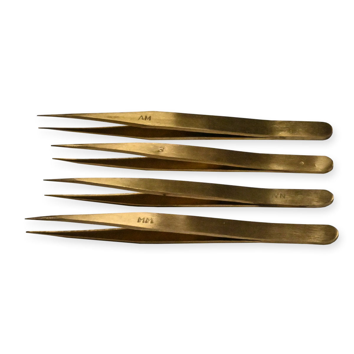 Brass tweezers x4 set for watchmakers, jewellery pickle pickling & electronics