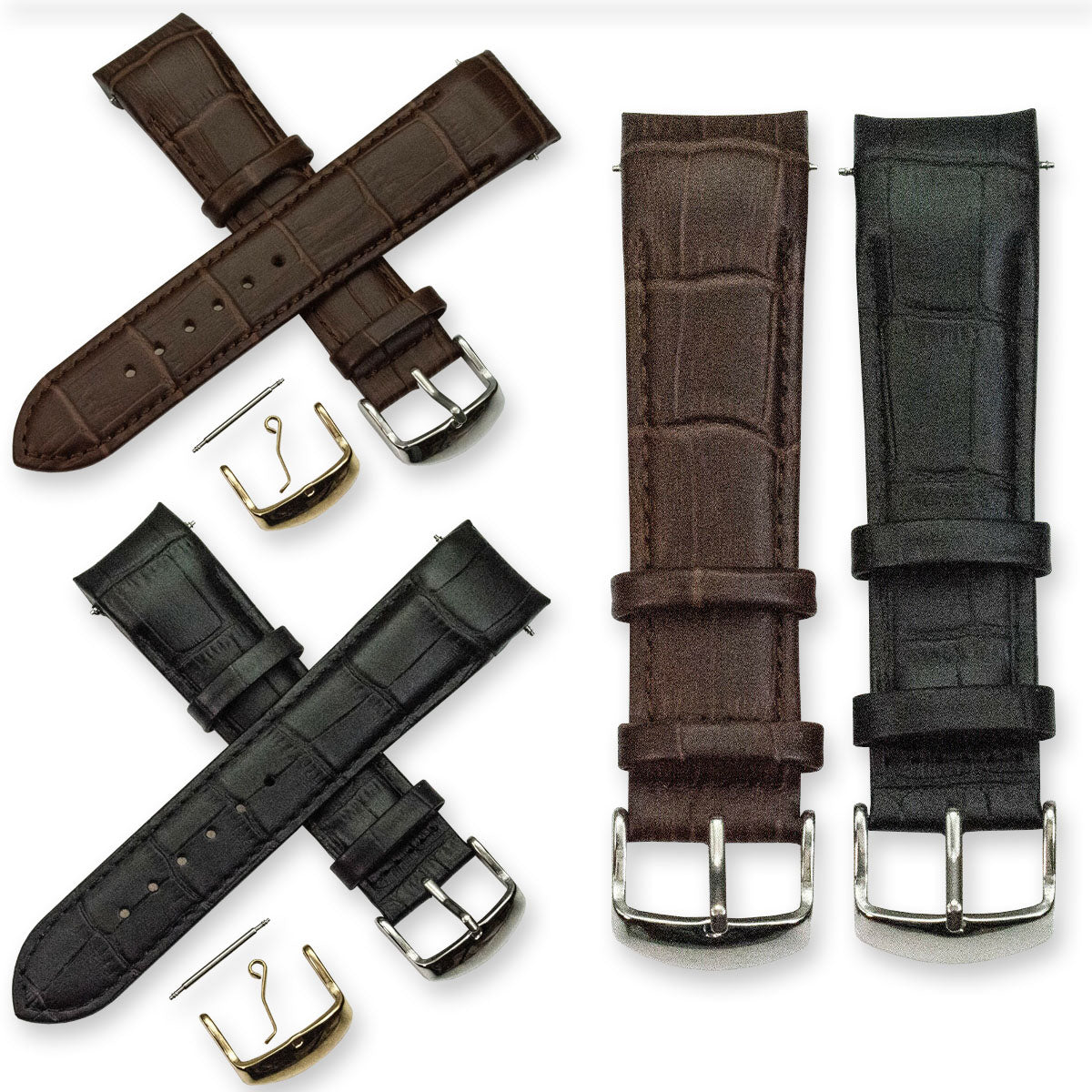 Curved Leather Watch Strap Crocodile Black Brown Grain Curve End 18mm 20mm 22mm