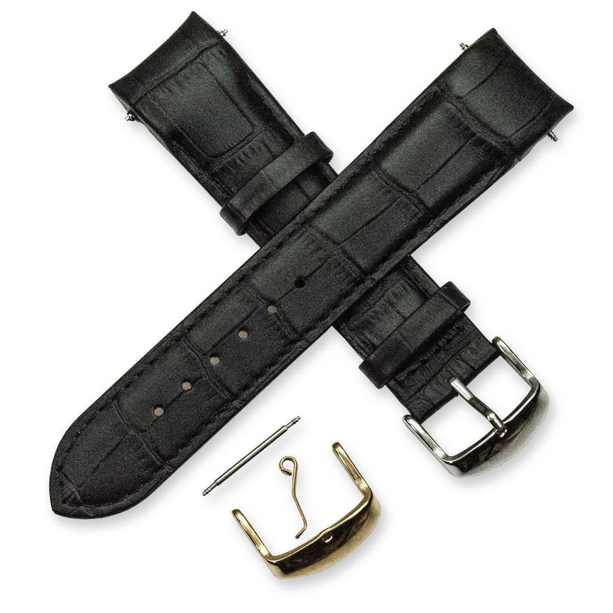 Black Watch Strap Crocodile Grain Curved Ends Leather 18mm 20mm 22mm