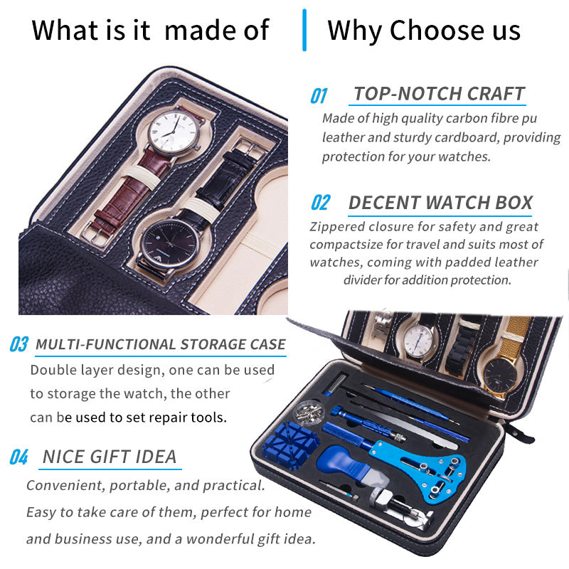 Watch Case Box Holder PU leather & Quality Watchmakers Tool Kit Repair Link New